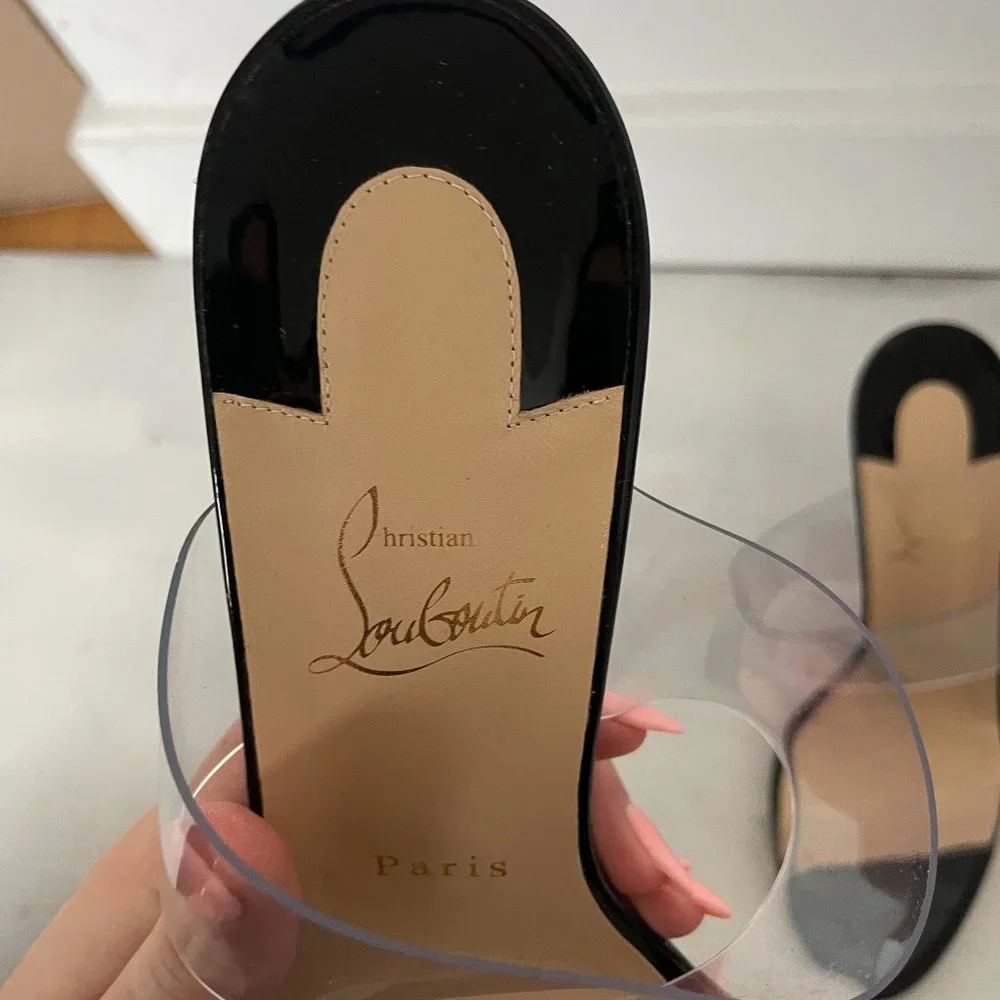 ❌SOLD❌Christian Louboutin Just Nothing 85 Slide Sandals Patent Leather PVC Mule - Picture 4 of 12